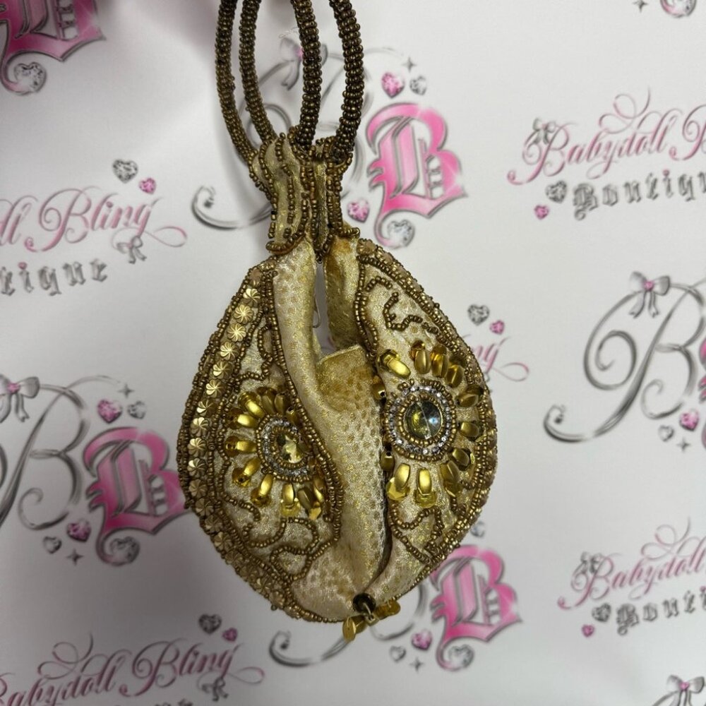 Bag Folded Handmade India-Gold Sequin Beads/Rhinestones/Wristlet/Purse/Bag round - Picture 3 of 12